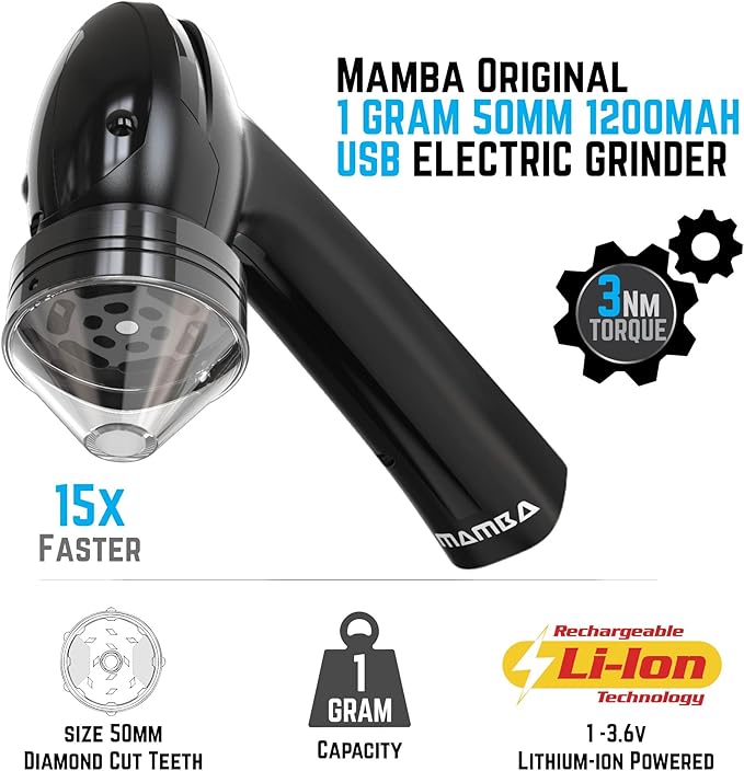 Mamba Original 1g Black USB Electric Herb Grinder with Color Box. Small Portable Metal Herbal Machine & Spice Mill for the Kitchen