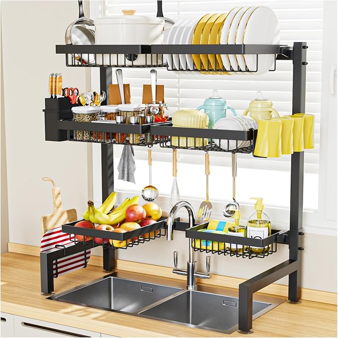 SNSLXH 3 Tiers 6 Baskets Dish Drying Rack, 24.8"-35.4",Over Sink Dish Drying Rack, 3-Tier Large Sink Rack for Kitchen, Extensible and Adjustable, Saving Kitchen Space