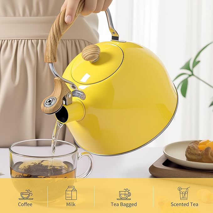 LONFFERY Tea Kettle, 2.5 Quart Whistling Tea Kettle, Tea Pots for Stove Top Food Grade Stainless Steel with Wood Pattern Folding Handle - Yellow