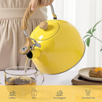 LONFFERY Tea Kettle, 2.5 Quart Whistling Tea Kettle, Tea Pots for Stove Top Food Grade Stainless Steel with Wood Pattern Folding Handle - Yellow