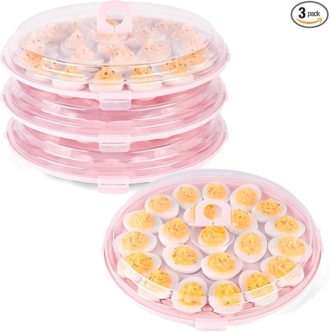 HANSGO Deviled Egg Containers with Lid, 3PCS Deviled Egg Platter Carrier Holder Trays with 66 Slots for Holiday Party and Home Kitchen, Pink