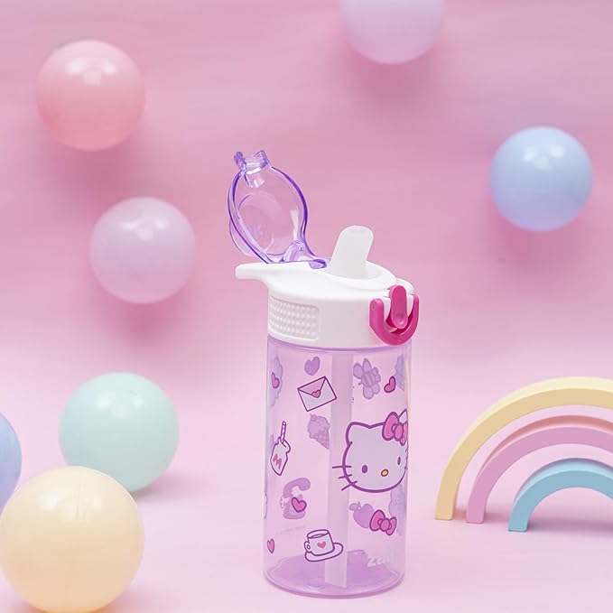 Zak Designs Sanrio Sage Kids Water Bottle For School or Travel, 16oz Durable Plastic Water Bottle With Straw, Handle, and Leak-Proof, Pop-Up Spout Cover (Hello Kitty)