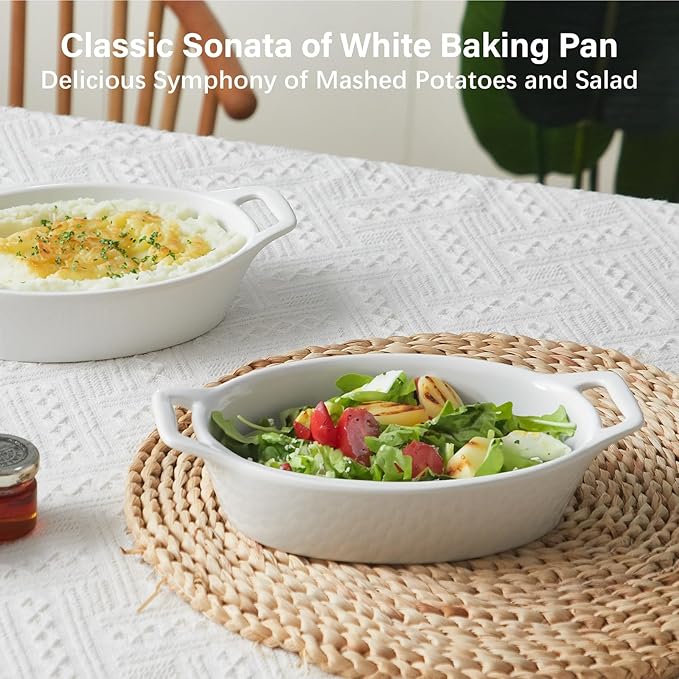 ONEMORE Oval Au Gratin Baking Dish, 20 oz Small Casserole Dishes with Handles 6x8" Ceramic Baking Pan for 1-2 People, Oven Safe for Lasagna, Pies, Individual Servings & Side Dishes, Set of 4, White