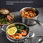 2.5 Quart Stainless Steel Saucepan with Steamer Basket, 18/10 Tri-ply Full Body, Multipurpose Sauce Pot with glass Lid, Perfect For Boiling Gravies, Pasta, Noodles