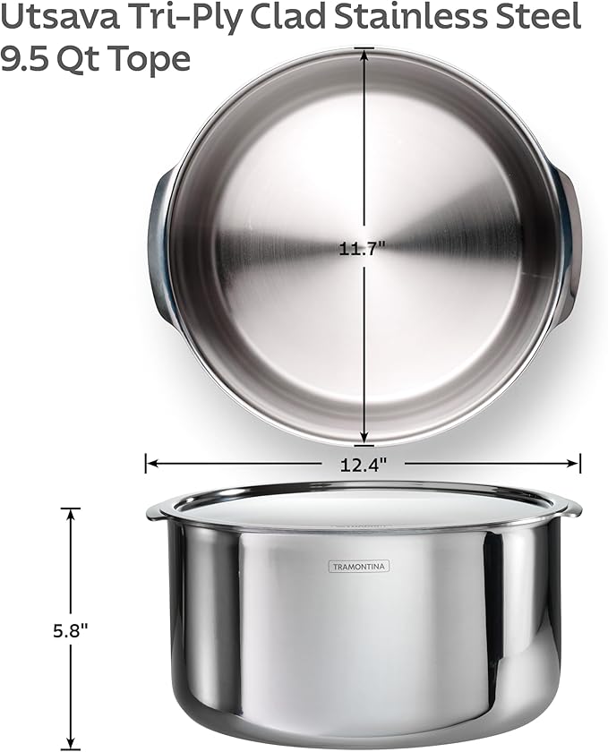 Tramontina Utsava 9.5-Quart Tri-Ply Clad Stainless Steel Tope with Lid, Extra Large Patila Pot for Indian Cooking