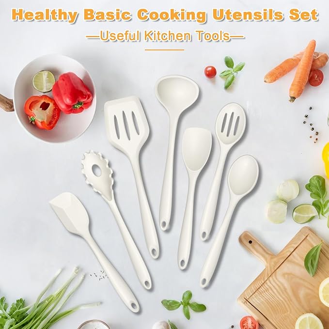 TeamFar Silicone Cooking Utensils Set, 7-Piece Heat Proof Kitchen Utensils Set, Kitchen Tools Spatula Turner Ladle Spoon Pasta Fork for Nonstick Cookware, Non-Toxic & Dishwasher Safe, White