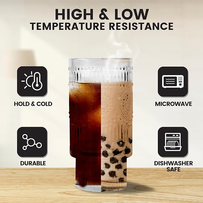 8 Pcs 11oz Drinking Glasses Cups Set with Bamboo Lids Straws Brush Small Vintage Hobonail Ribbed Glassware Set for Juice Iced Coffee Cocktail Whiskey