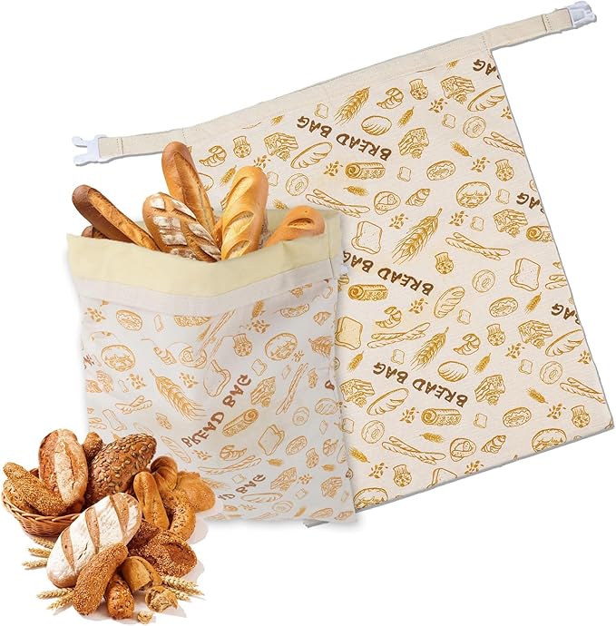 Reusable Bread Bag with Beeswax Lining – 2 Pack XL Cotton Bread Storage Bag for Homemade Sourdough, Baguette, Loaves – Eco-Friendly Waxed Food Wrap for Kitchen & Freezer