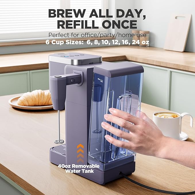 Single Serve Coffee Maker with Built-in Detachable Milk Frother, Iced and Hot Coffee Machine for K Cup & Grounds, 40oz Removable Water Reservoir, 6 Cup Sizes, Fits 7.3" Travel Mug, Purple