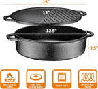 Bruntmor 3-in-1 Pre-Seasoned Cast Iron Skillets with Reversible Grill Griddle Lid - 6.8 Quart Round Deep Roasting Pan for Frying, Grilling, Dutch Oven Cooking - Non-Stick Cast Iron Cookware - Black
