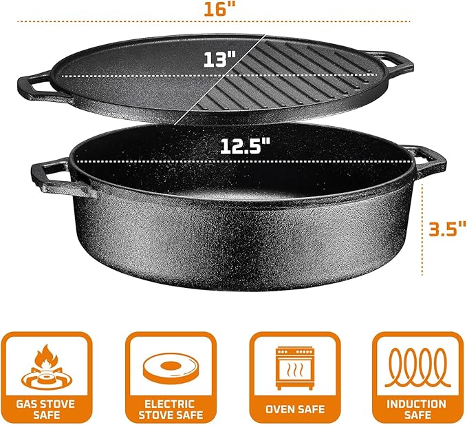 Bruntmor 3-in-1 Pre-Seasoned Cast Iron Skillets with Reversible Grill Griddle Lid - 6.8 Quart Round Deep Roasting Pan for Frying, Grilling, Dutch Oven Cooking - Non-Stick Cast Iron Cookware - Black
