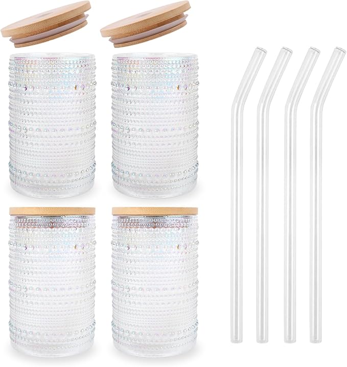 Vintage Drinking Glasses Set of 4 with Bamboo Lids, Textured Clear Striped Ribbed Glassware Set Cocktail Set Beaded Glass Cups Old Fashion Embossed Iced Coffee Cup for Beer, Beverage(16 oz), Rainbow