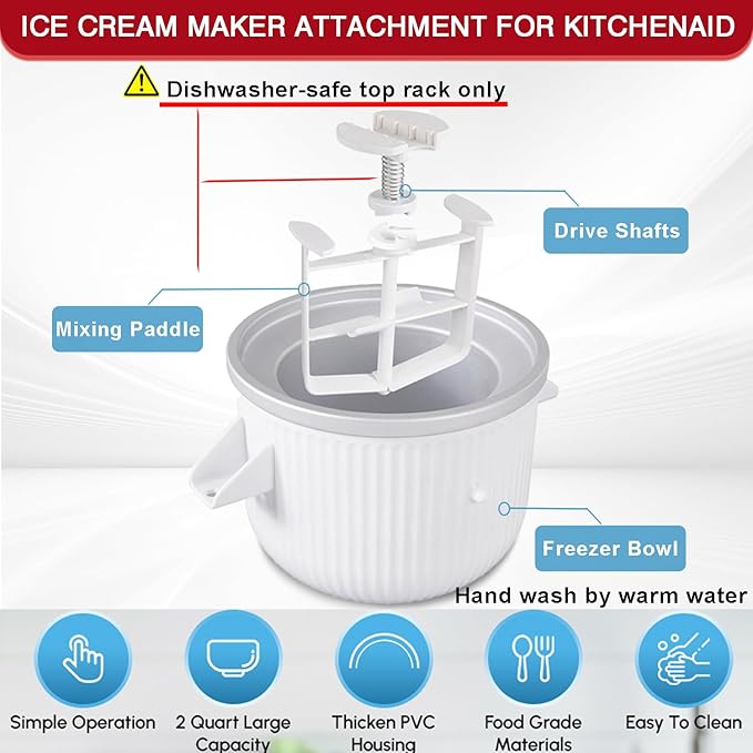 Ice Cream Maker Attachment for KitchenAid Stand Mixer, Compatible with 4.5/5QT & 6QT Stand Mixers, 2 Quart Frozen Kitchenaid Ice Cream Maker Attachment Ice Cream Bowl for Yogurt/Sorbet Gelato