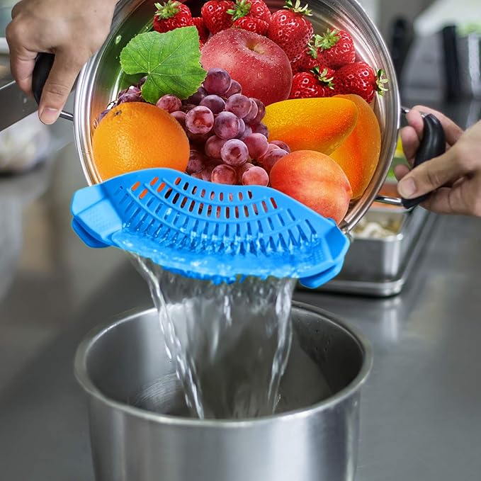 Clip On Strainer Silicone for all Pots and Pans,Pasta Strainer Clip on Food Strainer for Meat Vegetables Fruit Silicone Kitchen Colander