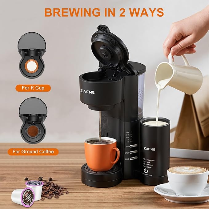 ZACME Single Serve Coffee Maker with Milk Frother, Coffee Machine with Brewing & Frothing System, 28oz Water Tank, Adjustable Brew Strength, Quick Brew, Self-Cleaning