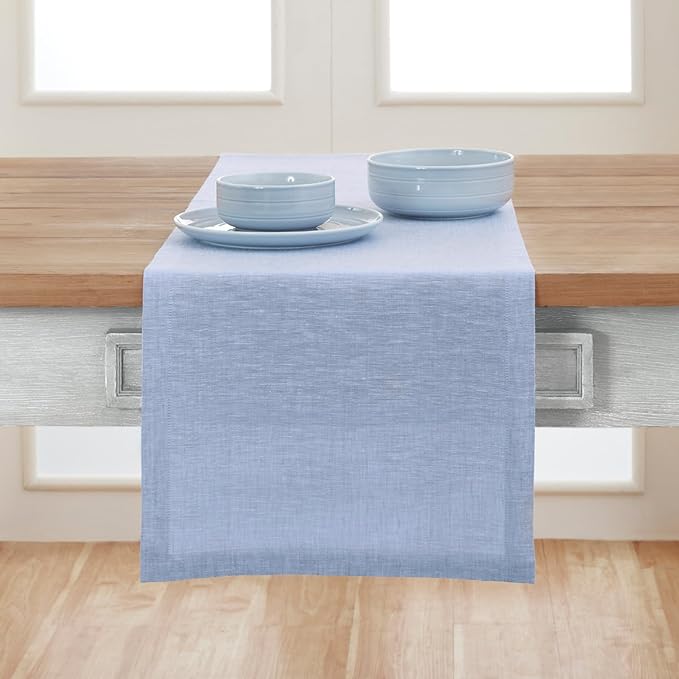 Solino Home Linen Table Runner 36 Inches - 100% Pure Linen Chambray Blue Table Runner 14 x 36 Inch Ideal for Dresser and Coffee Tables - Summer - Athena