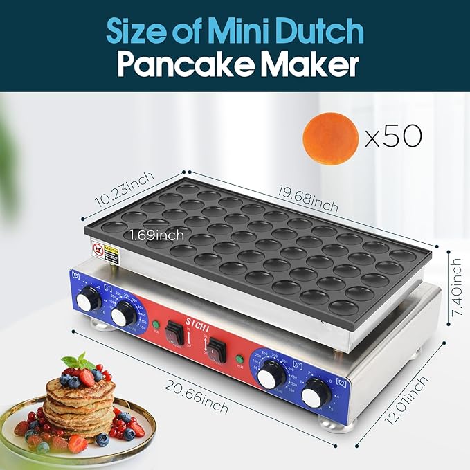 SICHI Mini Pancake Maker - 50Pcs Mini Dutch Pancake Maker With Nonstick and Quick Heat-Up, Mini Pancakes Maker Machine With 2 Thermostats & 2 Timers Separate Control, Commercial Pancake Maker Machine