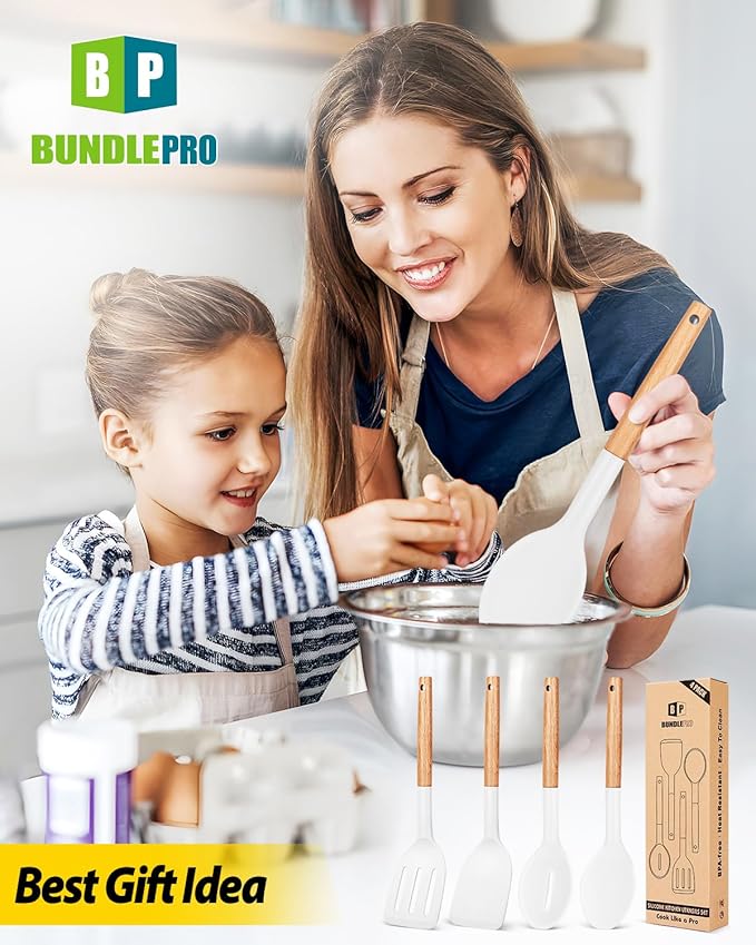 Pack of 4 Silicone Cooking Utensils Set, Non Stick Solid Spatulas and Heat Resistant Slotted Spoons with Wooden Handle, Ideal Wood Kitchen Utensils Set for Frying,Serving,Turning,Stirring (WHITE)