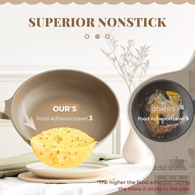 Nonstick Pots and Pans Set, 9 Pieces Non Toxic Cookware, Nonstick Pan Skillet, Healthy Frying Pan, PFOA Free, Induction Compatible, Natural Linen