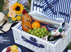 Picnic Basket Willow for 4 Persons, Large Wicker Hamper Set with Big Insulated Cooler Compartment, Fleece Blanket with Waterproof Backing and Cutlery Service Kit- Fashionable White Washed Color