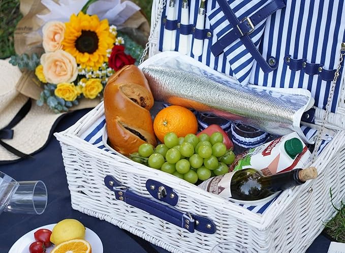 Picnic Basket Willow for 4 Persons, Large Wicker Hamper Set with Big Insulated Cooler Compartment, Fleece Blanket with Waterproof Backing and Cutlery Service Kit- Fashionable White Washed Color