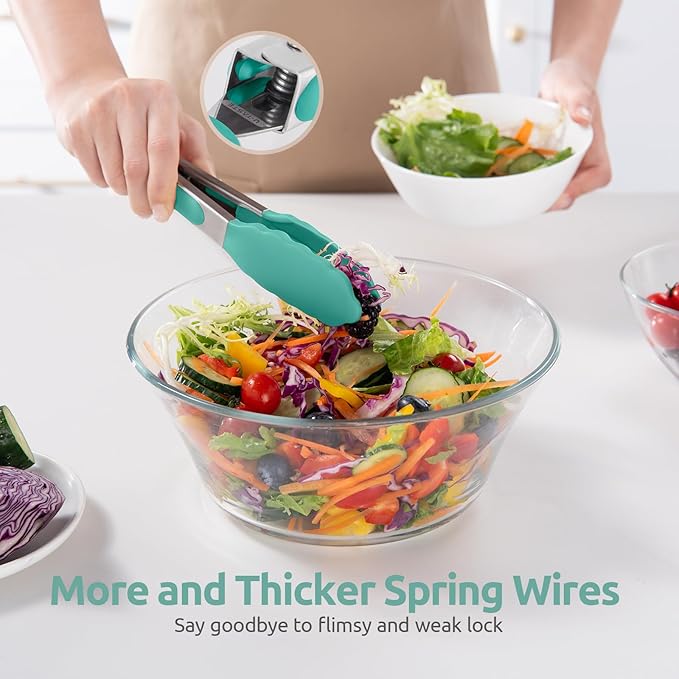 600ºF Heat Resistant Kitchen Tong: U-Taste 7in Silicone Cooking Tong with Firm Sealed Non Stick Rubber Tips & Silicon Coated 18/8 Stainless Steel Handle & Smooth Locking for Serving Salad (Aqua Sky)