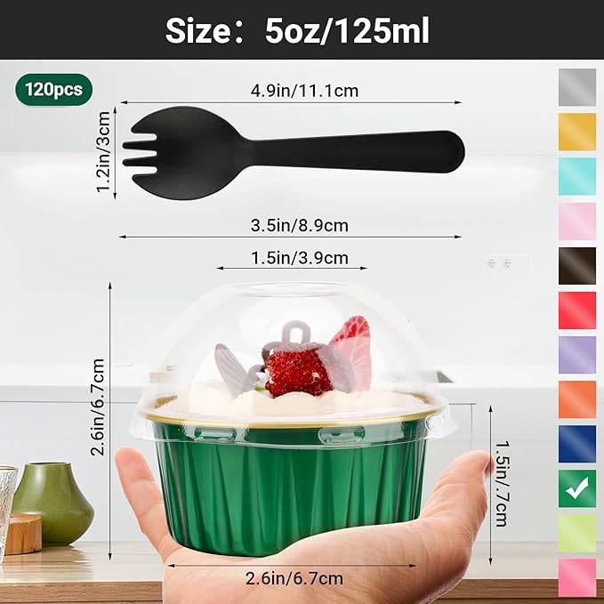 EUSOAR Cupcake Liners and Sporks Individually Wrapped, 120pcs 5oz Disposable Ramekins Aluminum Mini Muffin Pans with Lids, Foil Baking Cups Creme Brulee Holders for Picnic Wedding Birthday Gathering