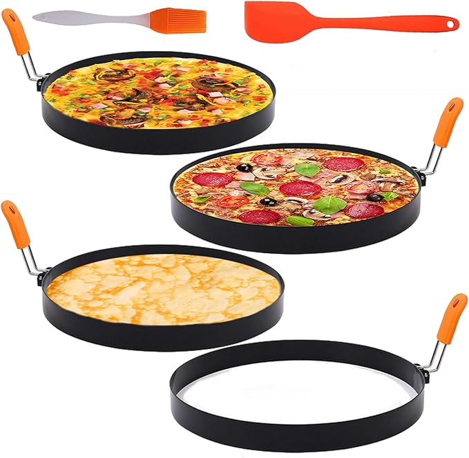 4 Packs Large 8 Inch Omelette Ring for Griddle, Non-Stick Stainless Steel 8" Griddle Omelet Rings,Large Omelet Mold Pancake Ring Mold Crumpet Circle Silicone Handle with Spatula and Oil Brush