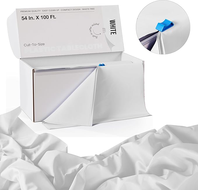 Exquisite Party Solids 54 Inch X 100 Feet White Plastic Table Cover Roll in A Cut - to - Size Box with Convenient Slide Cutter. Cuts Up to 12 Rectangle 8 Feet Plastic Disposable Tablecloths