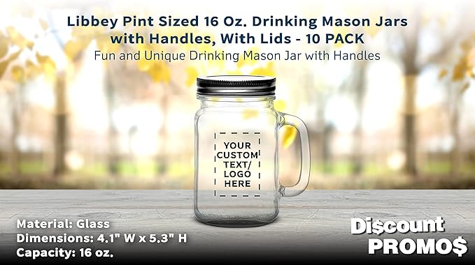 DISCOUNT PROMOS Custom Libbey Handle Mason Jars w/Lids 16 oz. Set of 10, Personalized Bulk Pack - Traditional style, High standard - Black