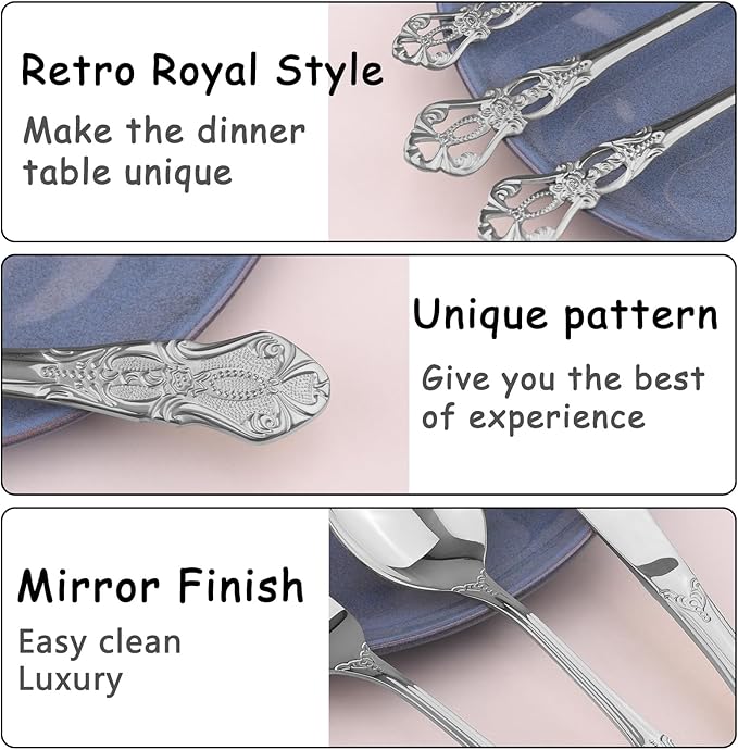 Retro Royal Silverware Set With Gift Box For 8 Cutlery Set Utensils Stainless Steel Flatware 40 Pieces MIKIWAY Kitchen Tableware Set For Gifts Festive, Dishwasher Safe, Mirror Polishing