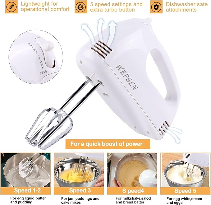 Hand Mixer Electric Mixing Bowls Set, 5 Speeds Handheld Mixer with 4 Nesting Stainless Steel Mixing Bowl, Measuring Cups Spoons 200W Kitchen Blender Whisk Beater Baking Supplies For Beginner