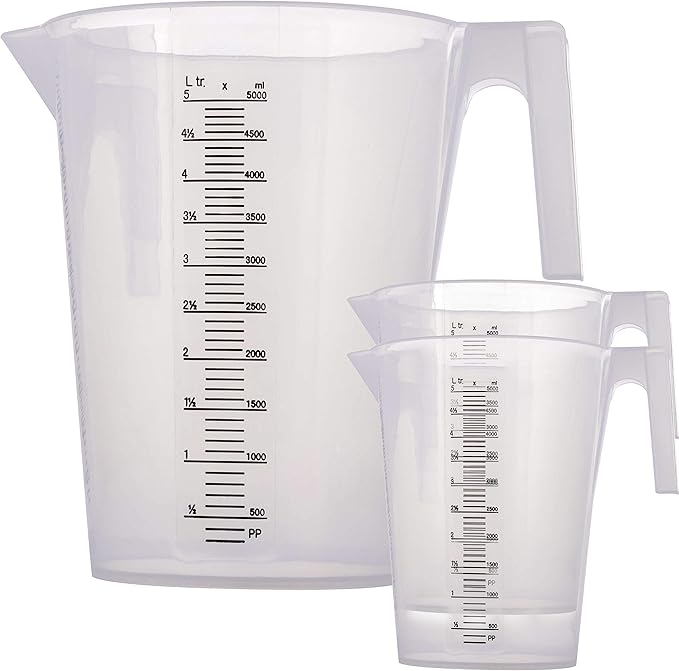 TCP Global 5 Liter (5000ml) Gallon Plastic Graduated Measuring and Mixing Pitcher (Pack of 3) - Holds 5 Quarts 1.25 Gallons- Pouring Cup, Measure & Mix Paint, Resin, Epoxy, Kitchen Cooking Baking