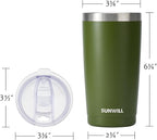 SUNWILL Travel Coffee Tumbler 20 oz, Insulated Mug with Lid, Stainless Steel Cup for Outdoor, Powder Coated Olive