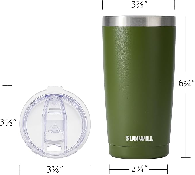 SUNWILL Travel Coffee Tumbler 20 oz, Insulated Mug with Lid, Stainless Steel Cup for Outdoor, Powder Coated Olive