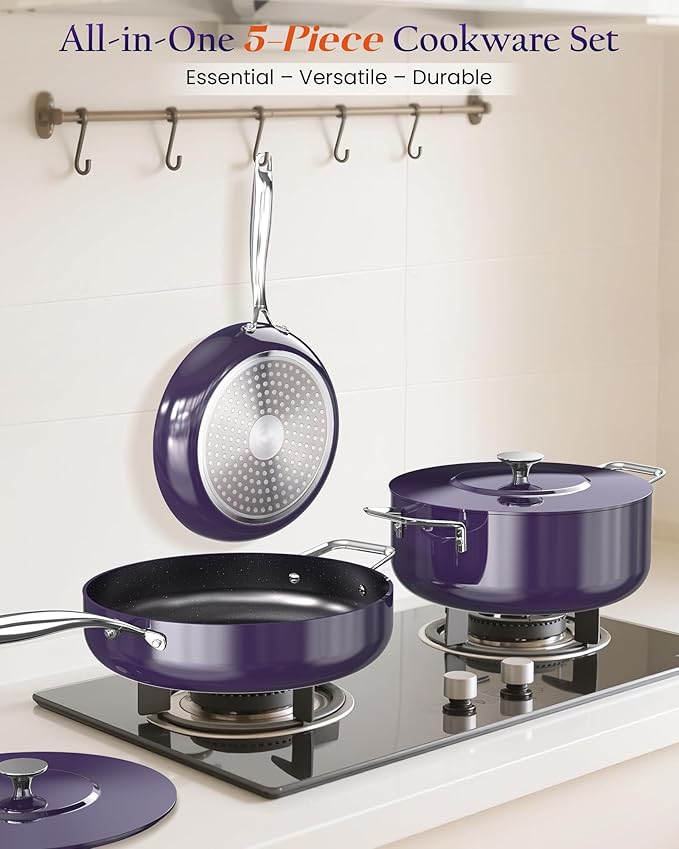 Nuwave Essential Series 5PC Ceramic Cookware Set PFAS-Free, G11 Duralon Blue Coating, Pots and Pans Set Non Stick, Diamond Scratch-Resistant,Stay-Cool Handle, Metal Lid,Induction Ready,Dishwasher Safe