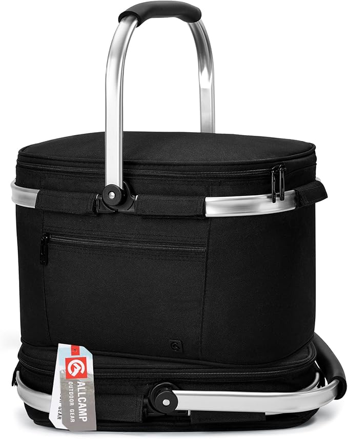 ALLCAMP OUTDOOR GEAR Insulated Cooler Bag Collapsible Portable Picnic Basket Cooler W/ Sewn in Frame (Medium Jet Black)