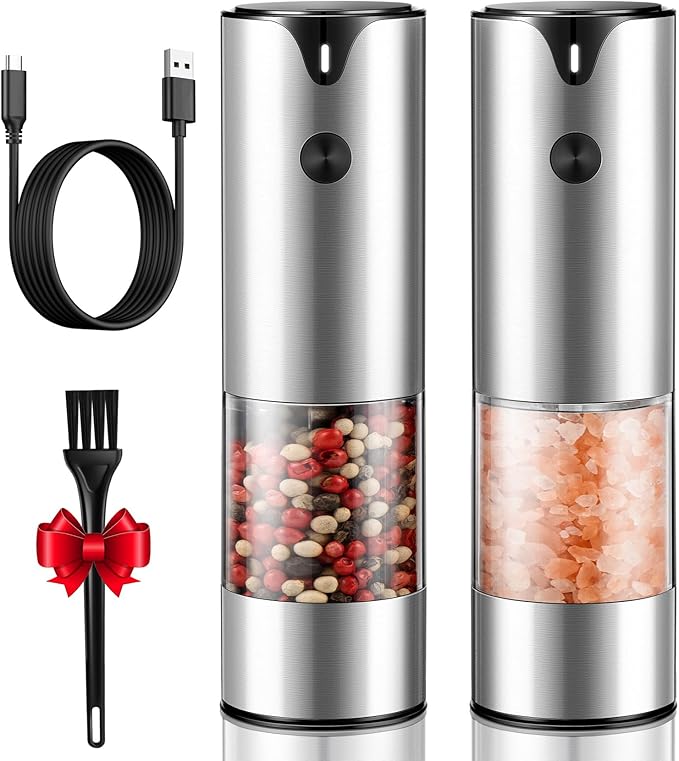 Rechargeable Electric Salt and Pepper Grinder Set - Extra Large Capacity - Automatic Black Peppercorn & Sea Salt Spice Mill Set with Adjustable Coarseness & LED Light Refillable