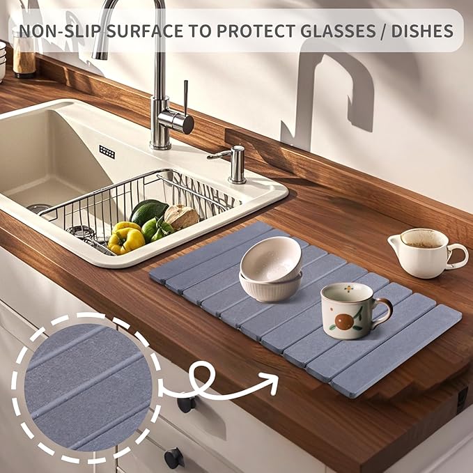 Coolcandy 24x16" Large Stone Dish Drying Mat, Quick Drying Mat Kitchen Counter, Foldable Kitchen Drying Mat, Diatomaceous Earth Stone Drying Mat, Collapsible Dish Mat Kitchen Mat For Drying