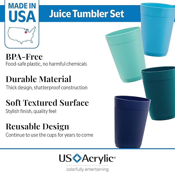 US Acrylic Newport 10 ounce Unbreakable Plastic Stackable Juice Tumblers in Coastal Colors | Set of 12 Drinking Cups | Reusable, BPA-free, Made in the USA, Top-rack Dishwasher and Microwave Safe