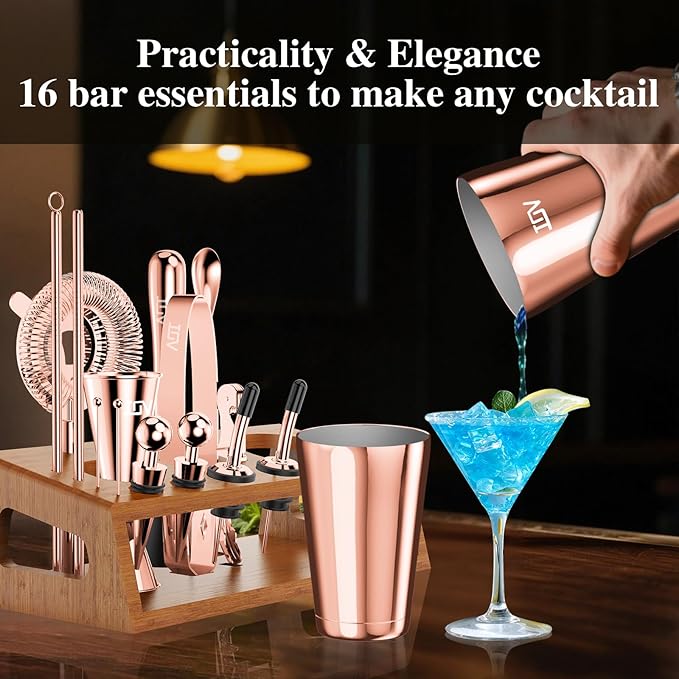 IOV Mixology Bartender Kit Bar Set with Stand | 17-Piece Cocktail Shaker Set | 28oz Boston Shaker Drink Mixer Set with All Essential Accessory Tools | Fun Housewarming Gift (Rose Gold)