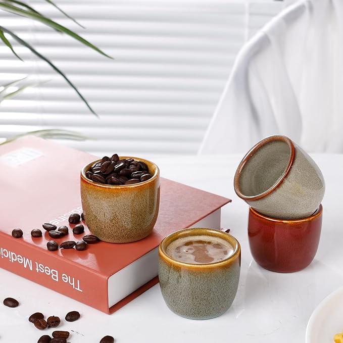 Ceramic Espresso Cups Set of 4, Double Walled 2oz Espresso Coffee Mugs for Eespresso Cups, Special glazed Demitasse Cups Expresso Coffee Cup for Espresso Machine
