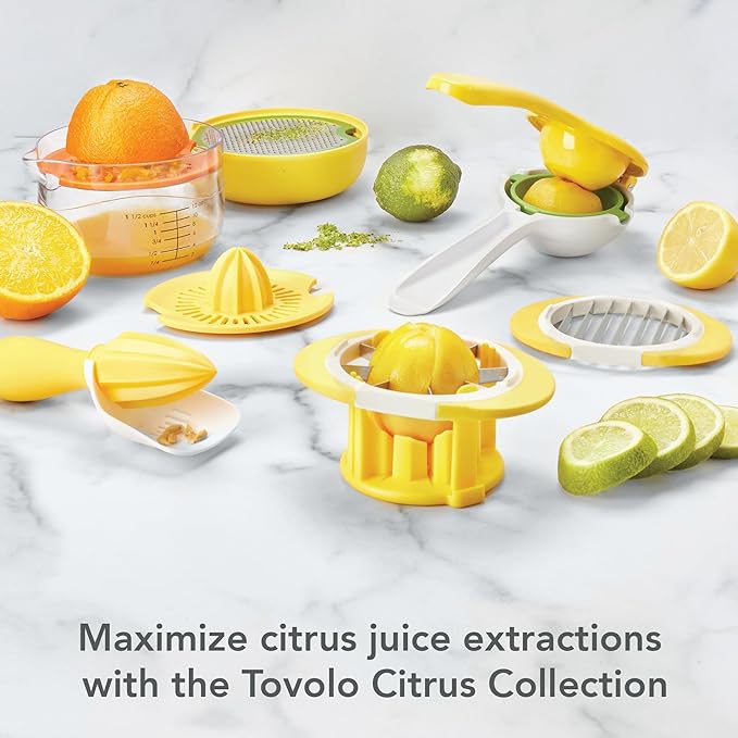 Tovolo Citrus Reamer with Seed Catcher, White & Yellow – Ergonomic Handheld Juicer for Lemons, Limes, Oranges, BPA-Free, Dishwasher Safe