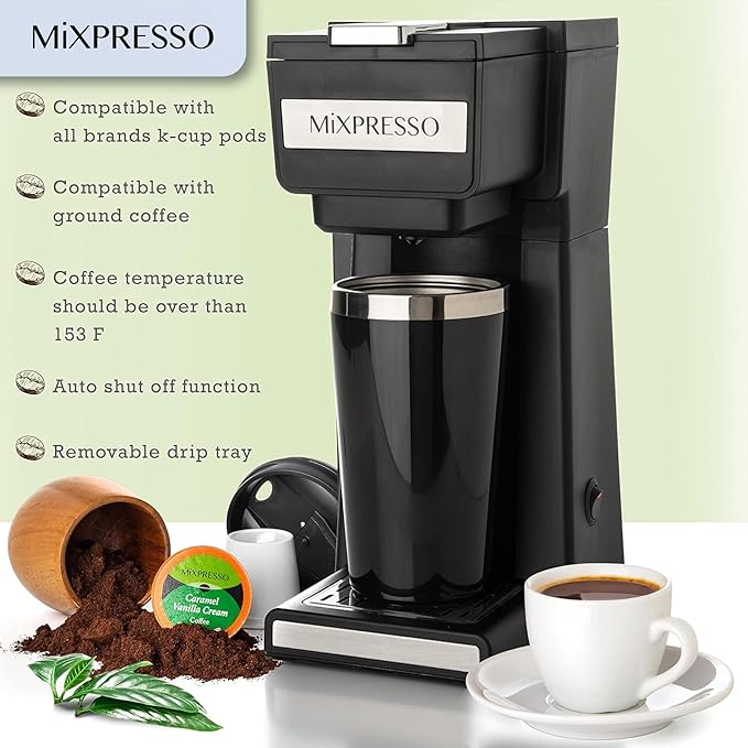 Mixpresso Coffee Maker Single Serve For Ground Coffee & Compatible With K Cup Pods, With 14oz Travel Mug & Reusable Filter For Home, Office & Camping.