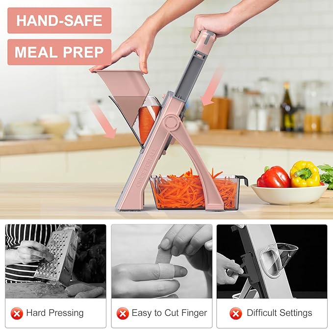 2025 [All in 1] Upgraded Version Safe Mandoline Slicer for Kitchen, Adjustable Thickness. Veggie Slicer, Rapid Prep Mandoline, Detachable Blade, with Cleaning Brush/Paring Knife (GrayPink)