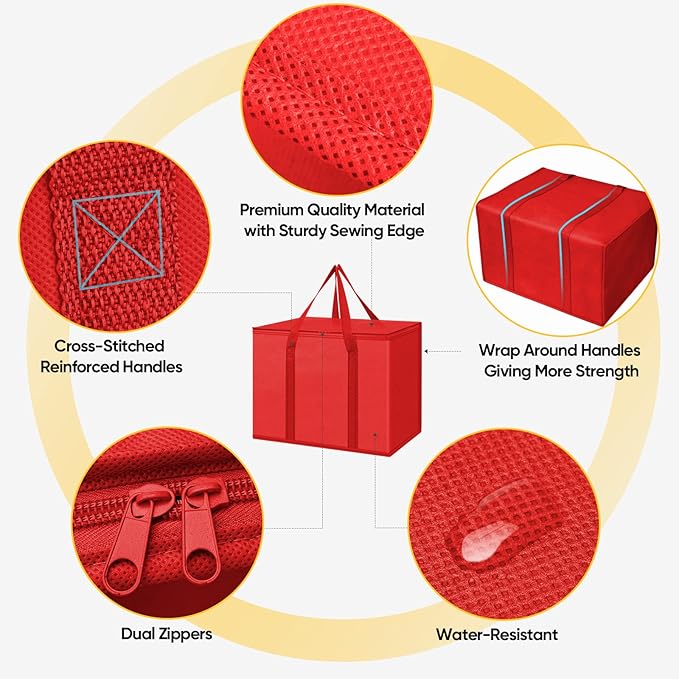 BALEINE 2Pk Insulated Reusable Grocery Bags, Collapsible Cooler Bag for Groceries, Heavy Duty Large Insulated Bag (Large, Bright Red)