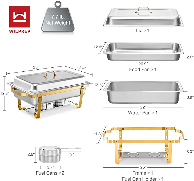 WILPREP Chafing Dish for Buffet, 9 qt Chafer and Buffet Warmer Set with Full Size Food Pan & Foldable Frame, Food Grade Stainless Steel Food Warmer for Parties Buffets Banquets Dinners, Gold & Silver