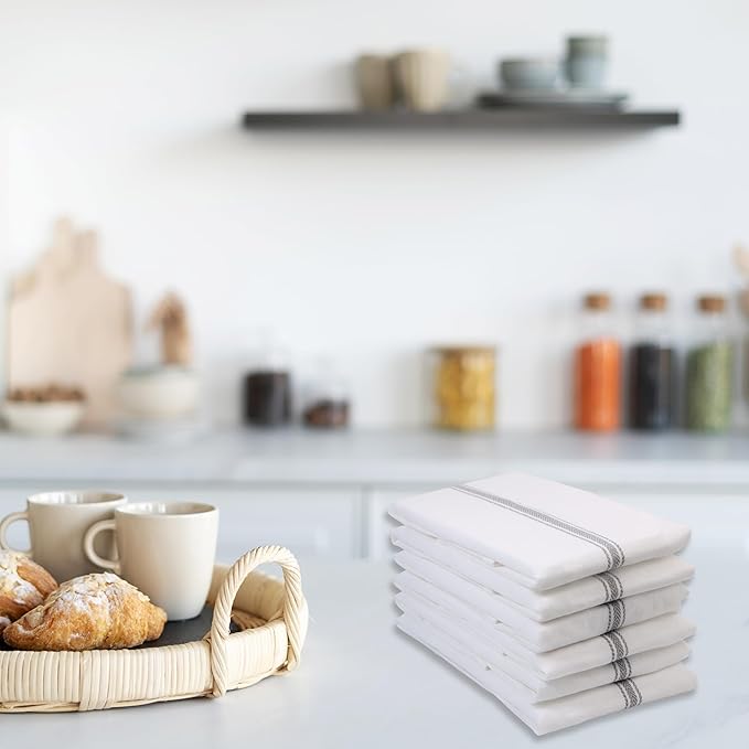 LANE LINEN Kitchen Towel Set, 6 Pack Dish Towels for Kitchen, 100% Cotton Absorbent Tea Towels, Quick Dry, 14"x25", Herringbone Weave, Reusable, Machine Washable, Soft for Drying Dishes - Grey Stripe