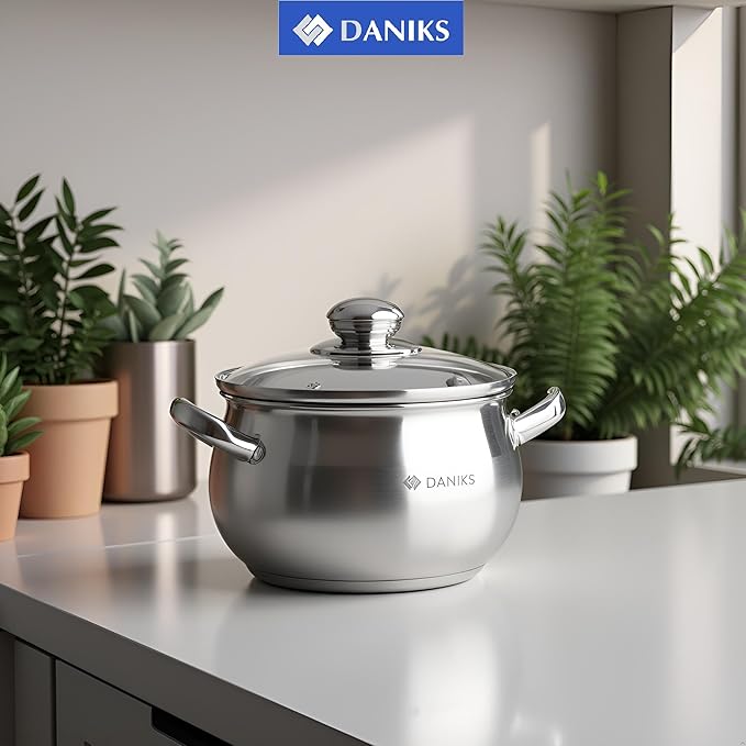 Daniks Classic 2 Quart Stainless Steel Stock Pot with Glass Lid, Tri-Ply Bottom for Even Heating, Induction Compatible, Dishwasher Safe