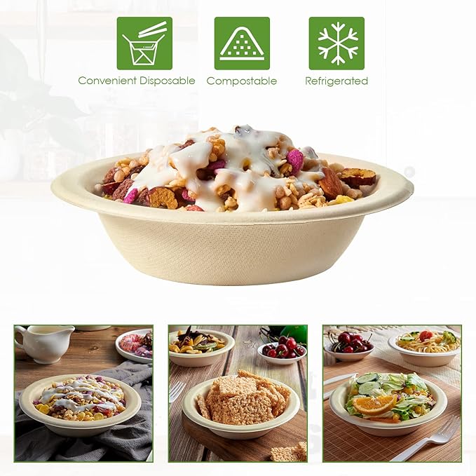Vplus 200 Pack 12 OZ Paper Bowls, Disposable Compostable Bulk, Eco-friendly Bagasse, Heavy-duty Bowls Perfect for Milk Cereals, Snacks, Salads